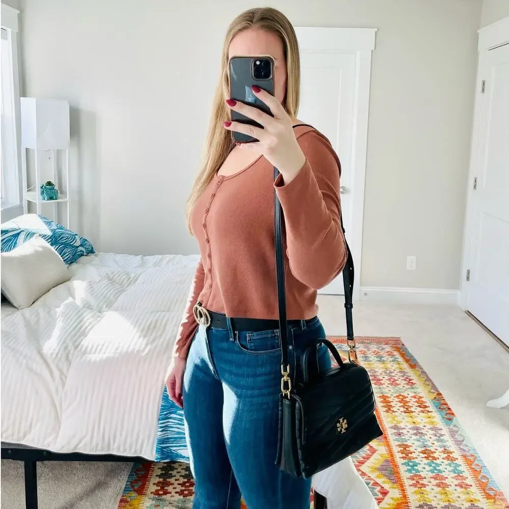 Tory Burch Kira Chevron Leather Top Handle Satchel 2 Way Shoulder Bag Black Gold - Picture 3 of 15